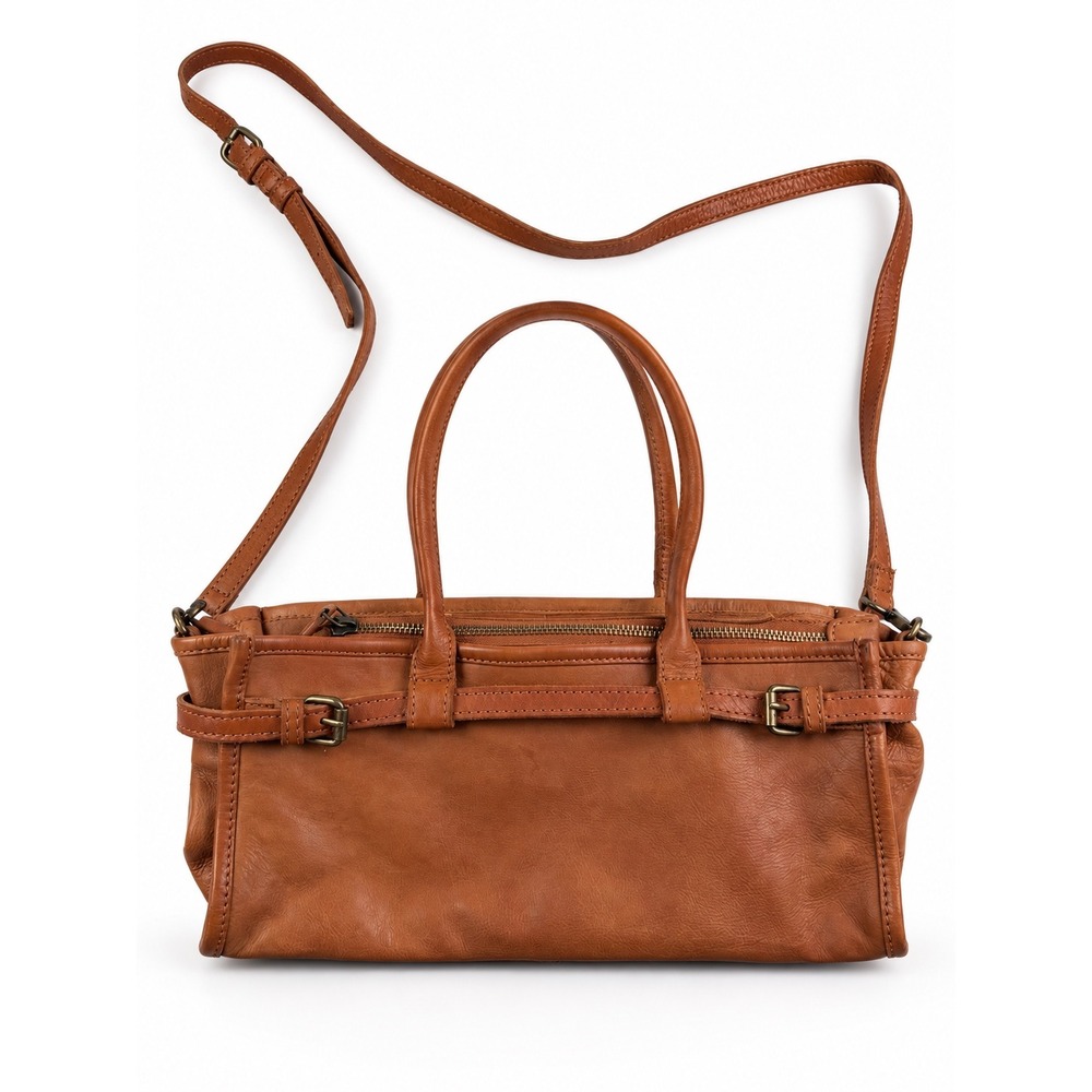 Vintage Y2K Cognac Brown Genuine Leather Buckle Crossbody Shoulder Bag